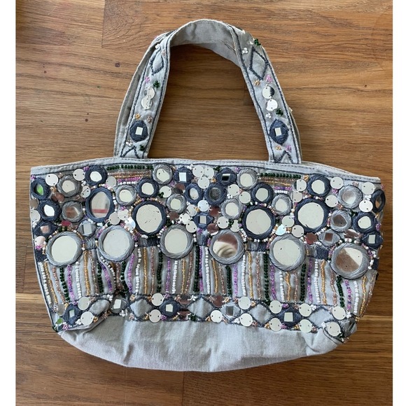 XOXO Handbags - XOXO Vintage Y2K Boho Shisha Mirror Embellished Beaded Cotton Mini Tote Bag Gray